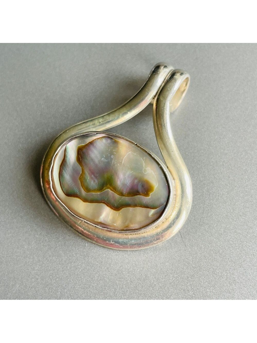 Vintage Mexico Abalone Shell Sterling Silver Split Bail Large Pendant Ne… - Picture 5 of 6